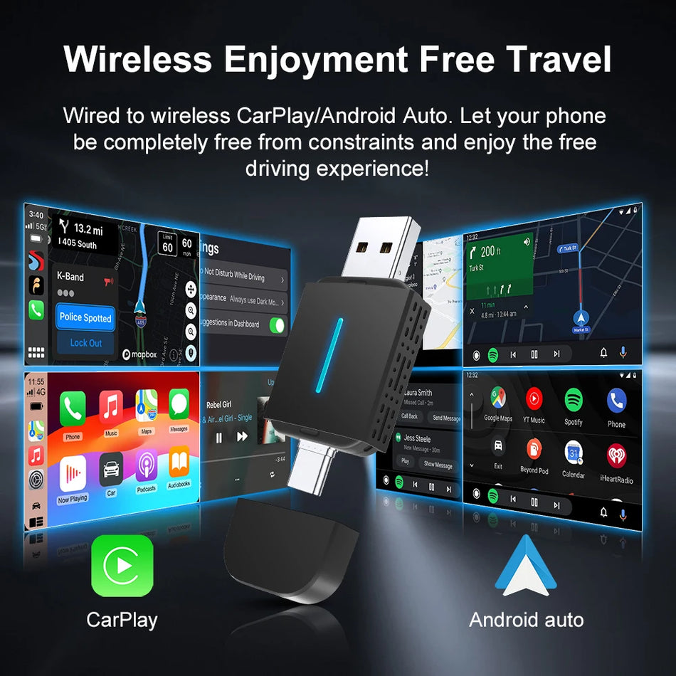 Draadloze Android Auto CarPlay-adapter met dubbele USB C-poorten, Plug and Play