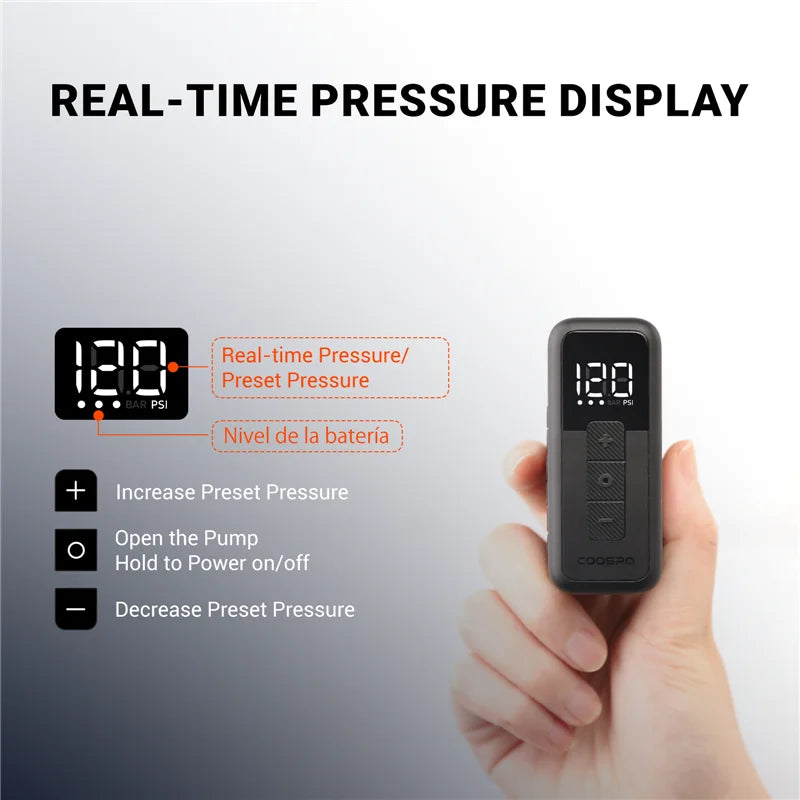 COOSPO X1 Bike Pump With Digital Display, 120 PSI Portable Electric Inflator For Schrader And Presta