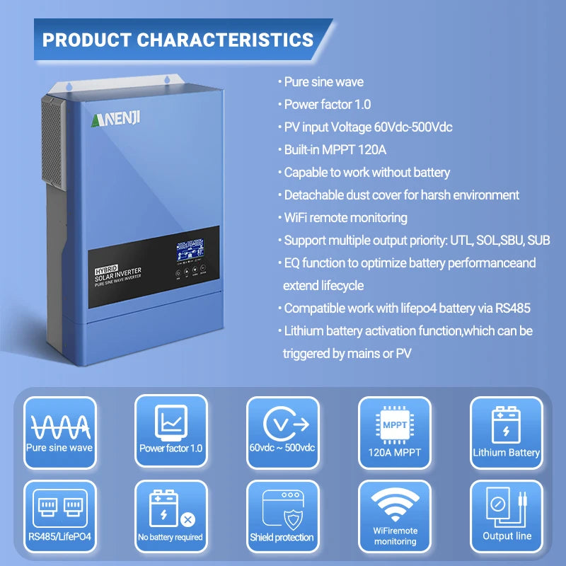 6.2KW 48V Hibrit Güneş İnvertörü MPPT 120A ile, Saf Sinüs Dalga, Dahili WiFi, PV Girişi 60-500VDC