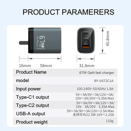 67W GaN USB-C Charger &ndash; Ultra-Fast Triple Port Charging