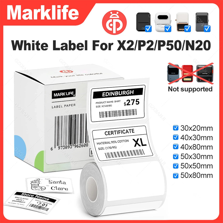Ūdensizturīga balta etiķešu papīra ruļļa lente Marklife printeriem X2/P2/N20/P50