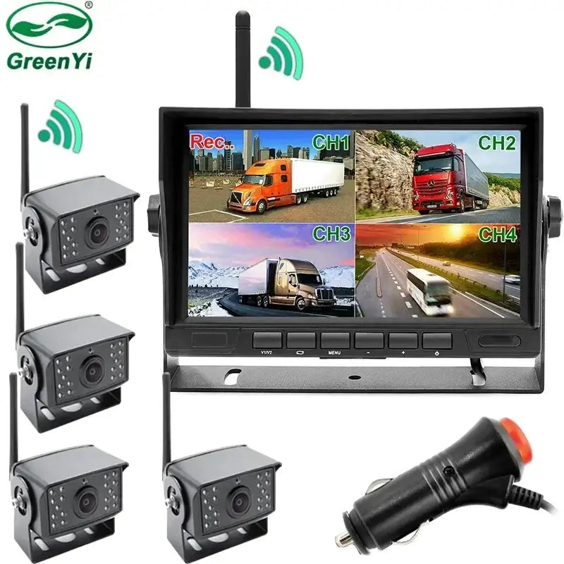 GreenYi 4 Channel Vehicle Digital DVR Recorder Monitor With Wireless Front Rear View AHD Camera For Truck/Trailer/Bus/RV/Pickups by InterCyprus Trading Ltd