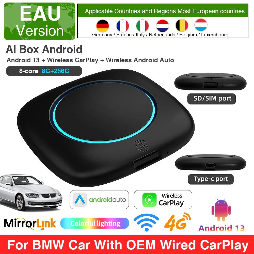 Wireless CarPlay AI Box BMW ID6 ID7 ID8 ID9 &ndash; Android 13 8 256GB EAU / With 64G SD card