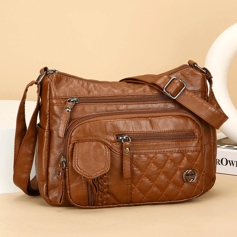 PU Leather Crossbody Bag for Women, Multi Pocket Vintage Handbag with Zipper Closure and Sequined Accent