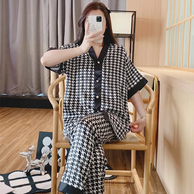 Ice Silk Pajamas for Women - Summer Nightwear Set with Cartoon Print