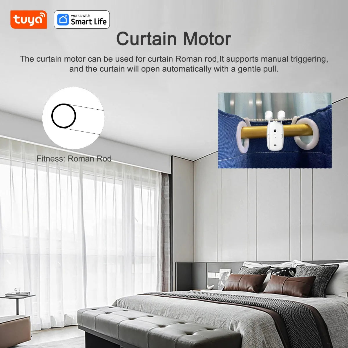 Tuya Smart Curtain Robot ( Roman Rod Track) Bluetooth APP Short Range Control, Timed switch, Pull-to-start, 8KG load capacity