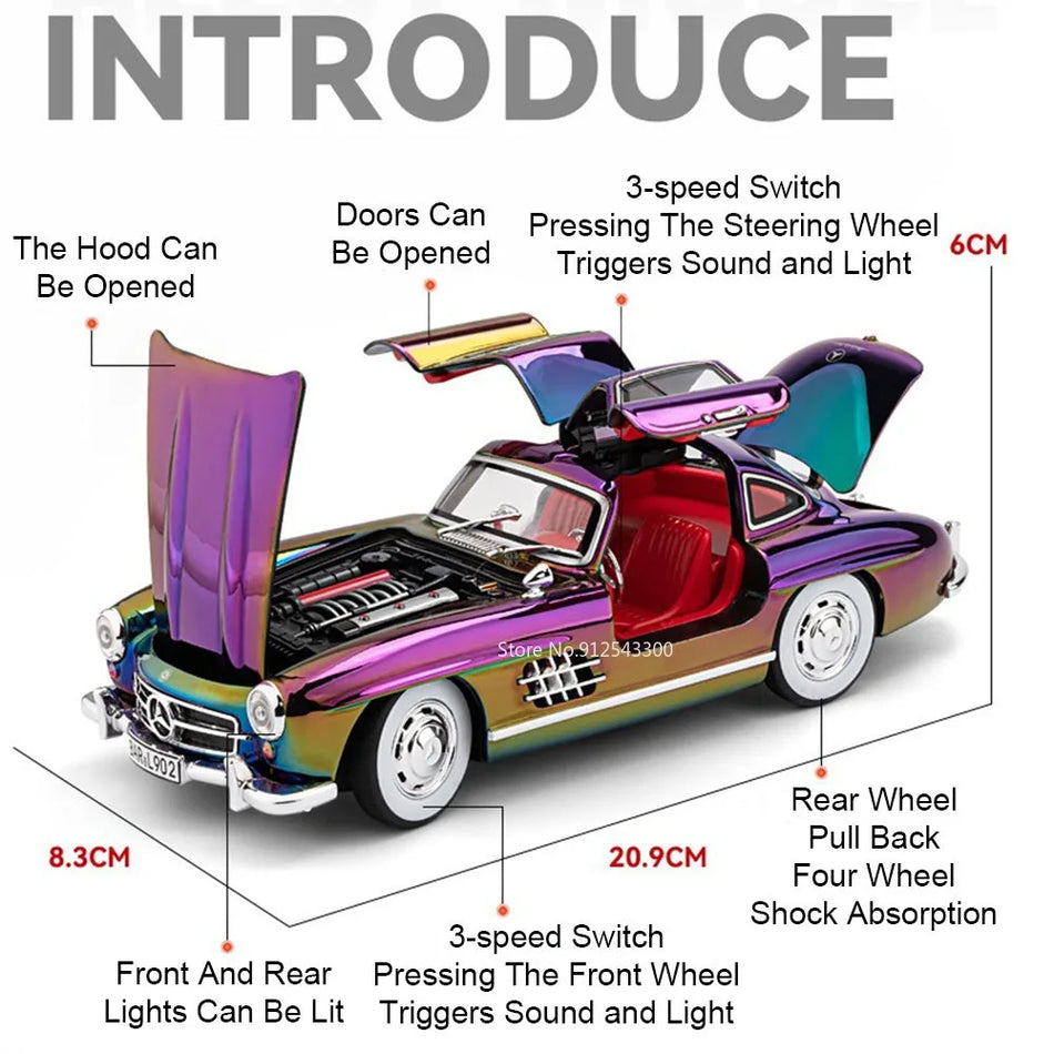 Model avtomobila Vision GT 300SL v merilu 1:24 iz diecast materiala z odprtimi vrati, zvokom in lučmi.