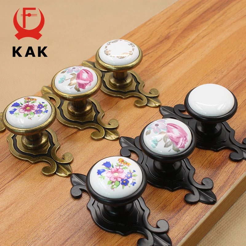 KAK Vintage Bronze Cabinet Handles Ceramic Black Knobs