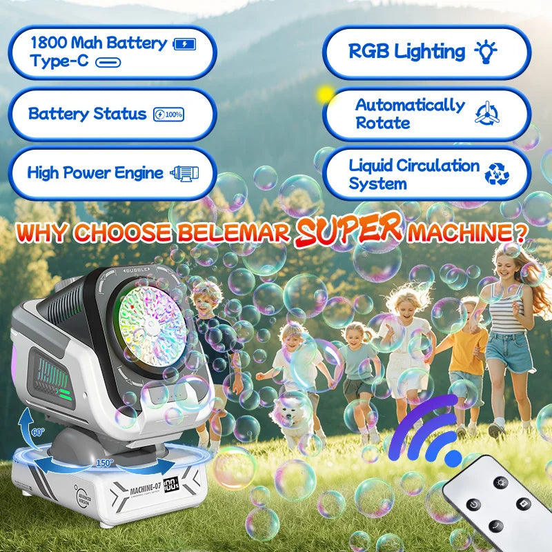 Bubble Machine with Remote Control, Auto Rotation, RGB Light &amp; Rechargeable Battery