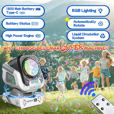 Bubble Machine with Remote Control, Auto Rotation, RGB Light &amp; Rechargeable Battery