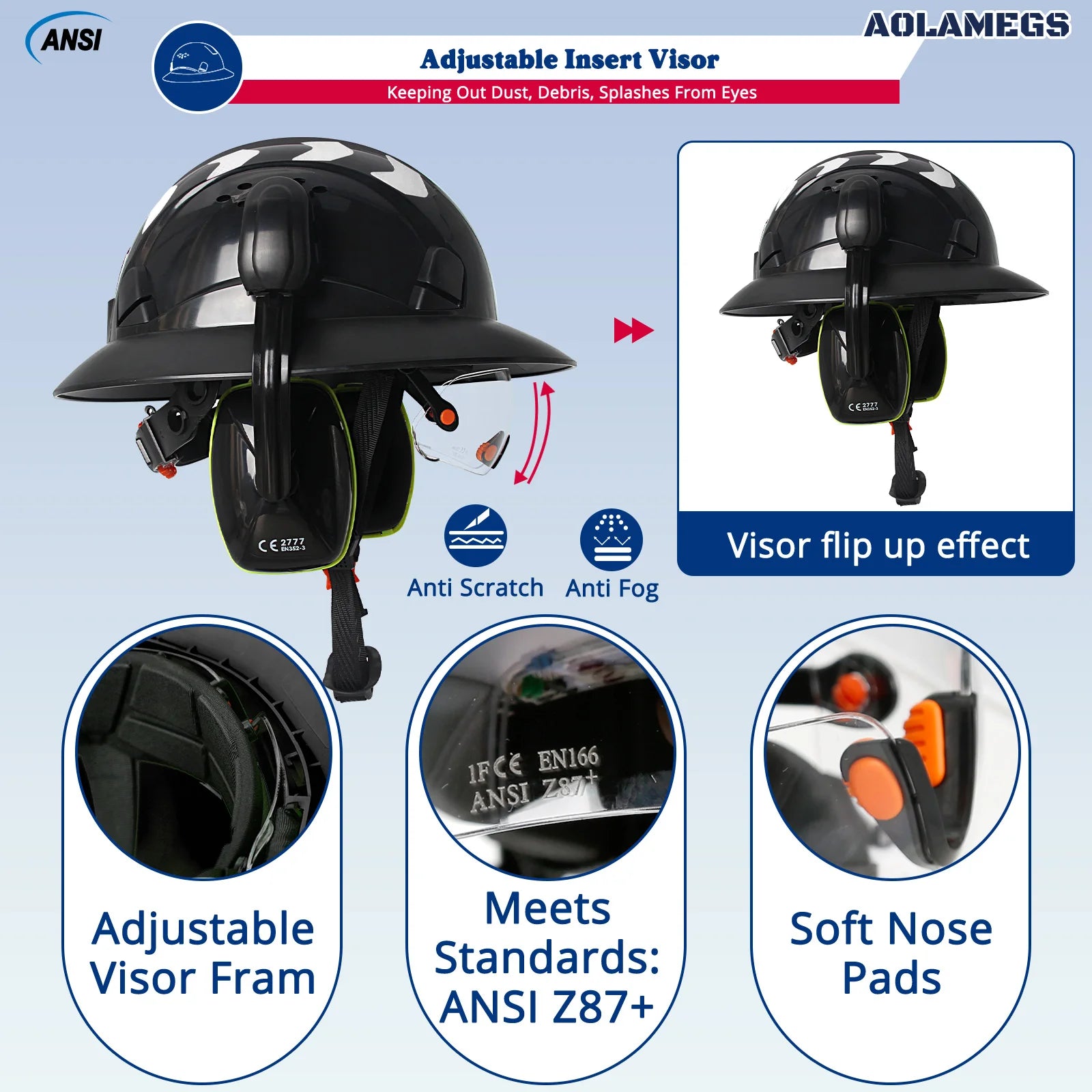 CE Full Brim Hard Hat With Goggles Earmuffs &ndash; All In One