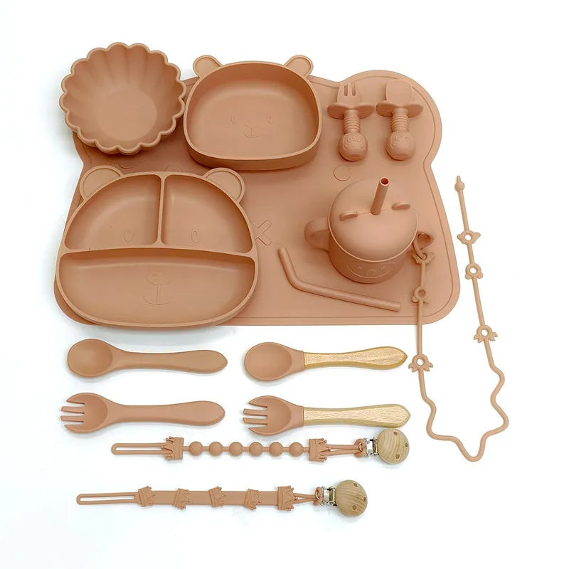 Children's Silicone Meal Plate Set &ndash; Fun Bear Design with Suction Cups peach