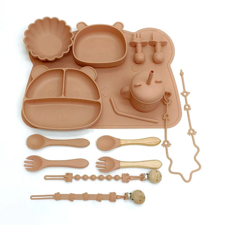 Children's Silicone Meal Plate Set &ndash; Fun Bear Design with Suction Cups peach