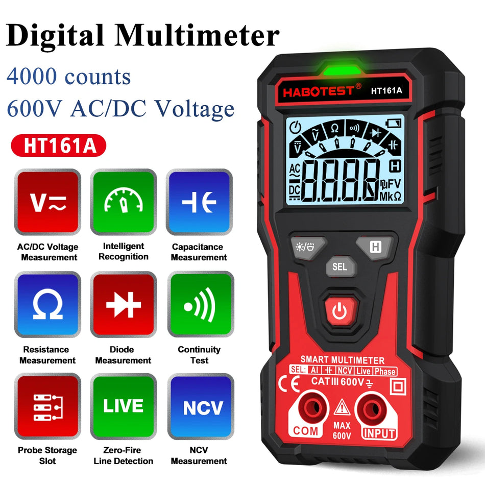 Digitální multimetr HT161A, 4000 počtů, automatické měření TRMS, 600V AC/DC, NCV