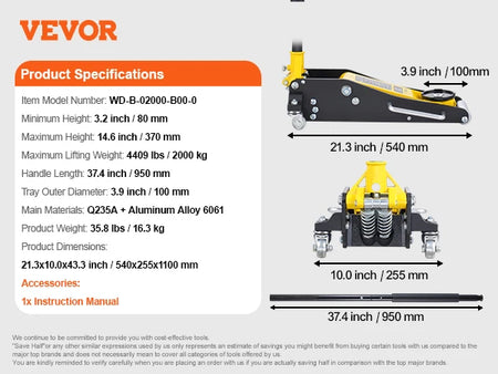 SucceBuy 3T/2T Floor Jack &ndash; Aluminum Hydraulic Quick Lift 2T Aluminum Iron / france