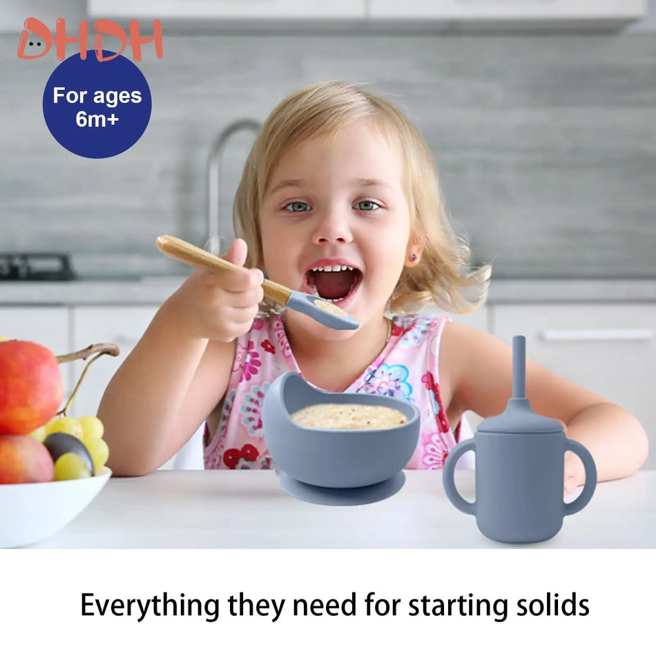Silikon Baby Essgeschirrset mit Saugbowl, geteilter Platte, Löffel und Gabel