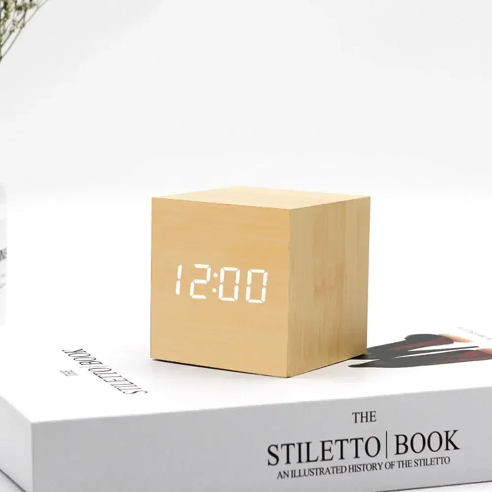 Sleek Wooden Digital Alarm Clock with Voice Control and USB Charging