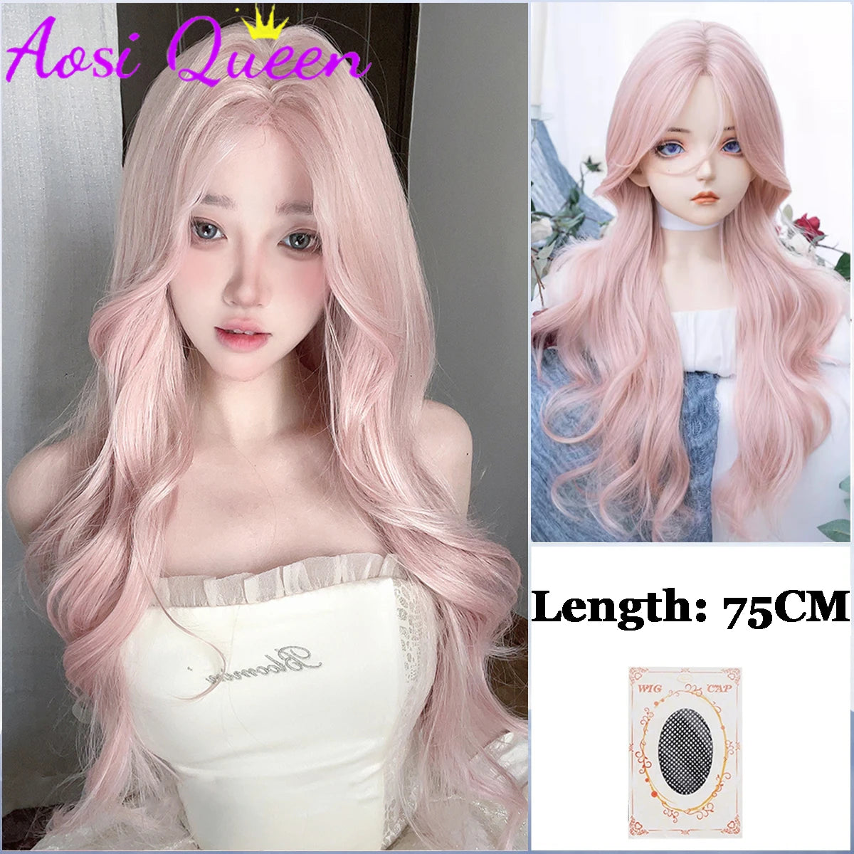 AosiQueen Black Pink Ombre Long Wavy Synthetic Wig with Bangs for Cosplay green
