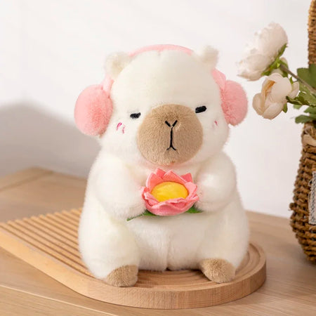 Cute Capybara Plush Toy with Lotus Flower WHITE / 38cm