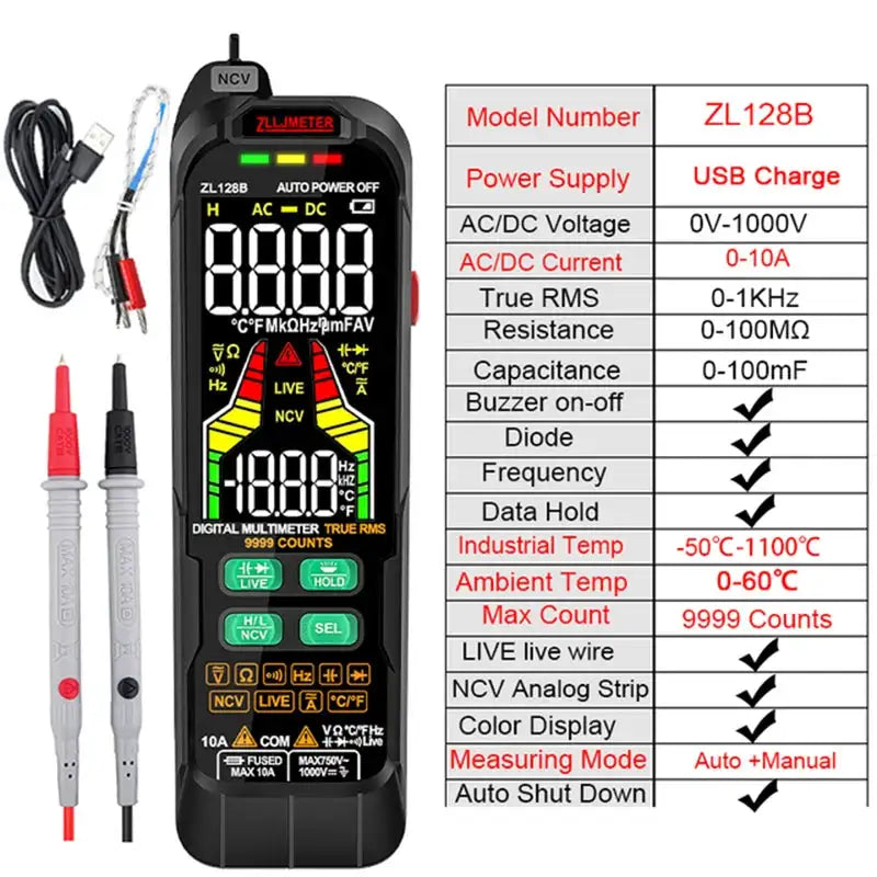 Professional Digital Multimeter 9999 TRMS LCD USB Tester ZL128B