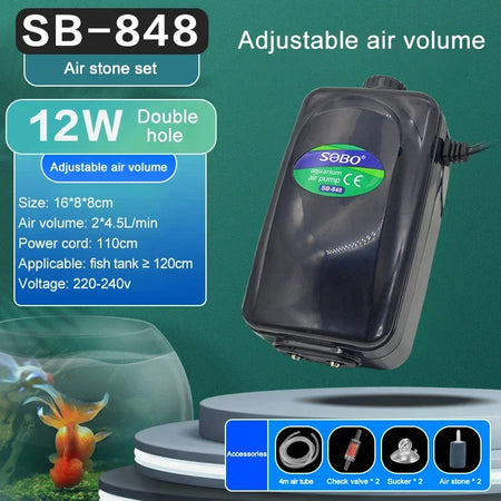 SOBO Silent Aquarium Oxygen Air Pump - Ultra Silent SB848 air stone set / CHINA