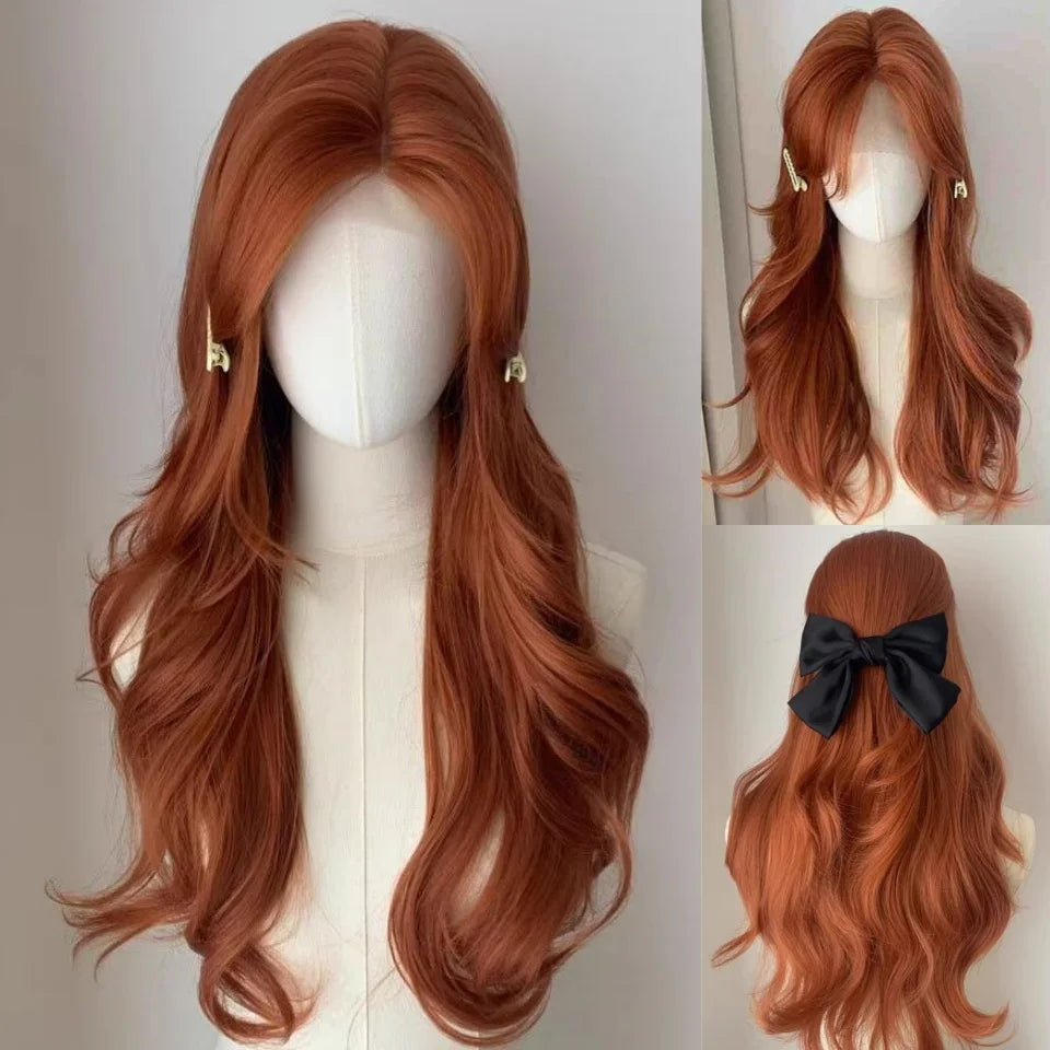 OLACARE Long Curly Wavy Pink Blonde Synthetic Wig with Fluffy Bangs