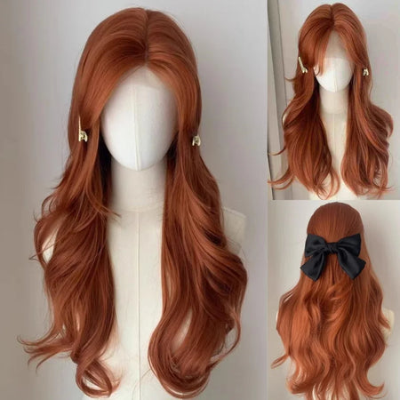 OLACARE Long Curly Wavy Pink Blonde Synthetic Wig with Fluffy Bangs