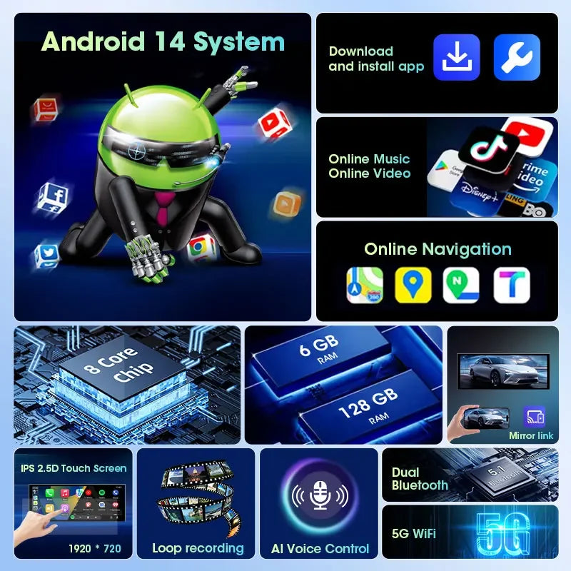 Develuck 11.26Polegadas Android 14 Gravador de Vídeo para Carro DVR 180 Câmara Frontal 6GB RAM 128GB ROM Câmara Dupla Dash Cam CarPlay WiFi 1080P Câmara Traseira