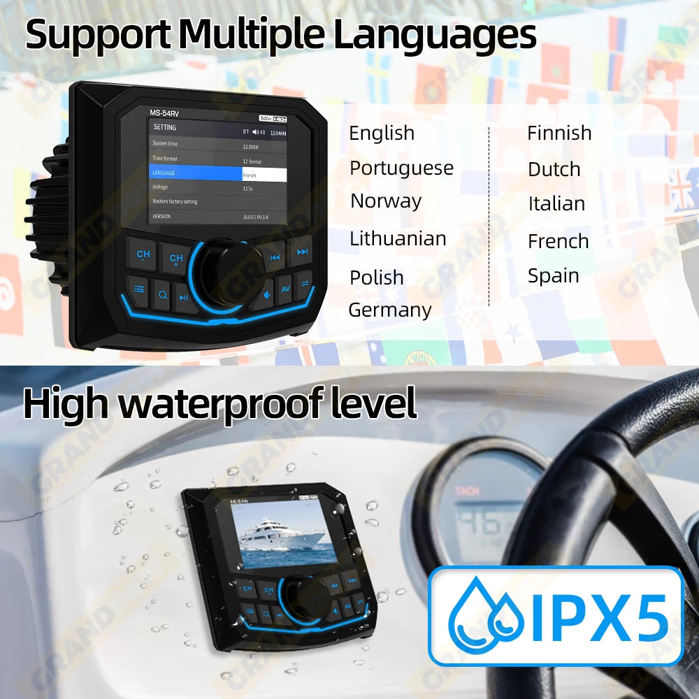 Grandnavi MS-54RV MP5 Stereo - IPX5 Waterproof Bluetooth