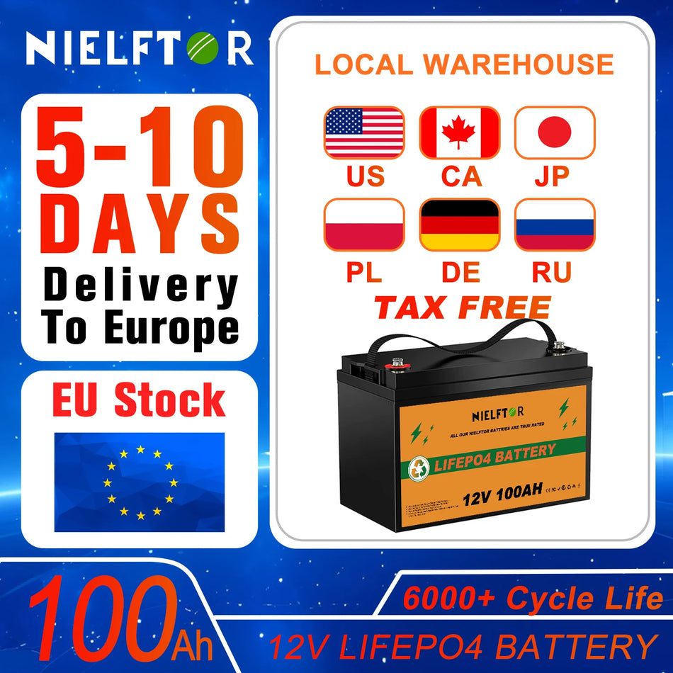 Μπαταρία Nielftor 12V 100Ah LiFePO4 με 4S100A Έξυπνο BMS για Θαλάσσια, RV, Ηλιακή, Αποθήκευση Ενέργειας Εκτός Δικτύου