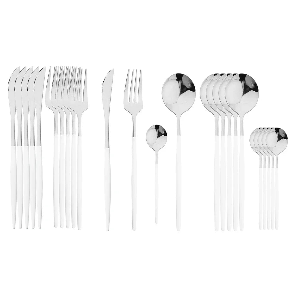24Pcs Stainless Steel Dinnerware Set &ndash; Eco-Friendly Flatware Collection White Silver