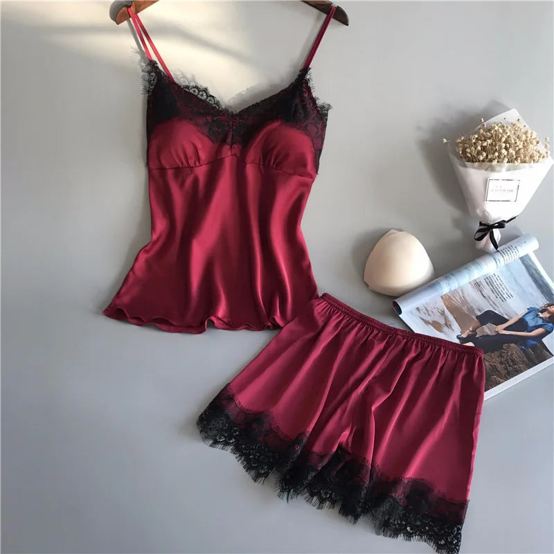 Women's Ice Silk Lace Two Piece Summer Pajama Set Red / XXL