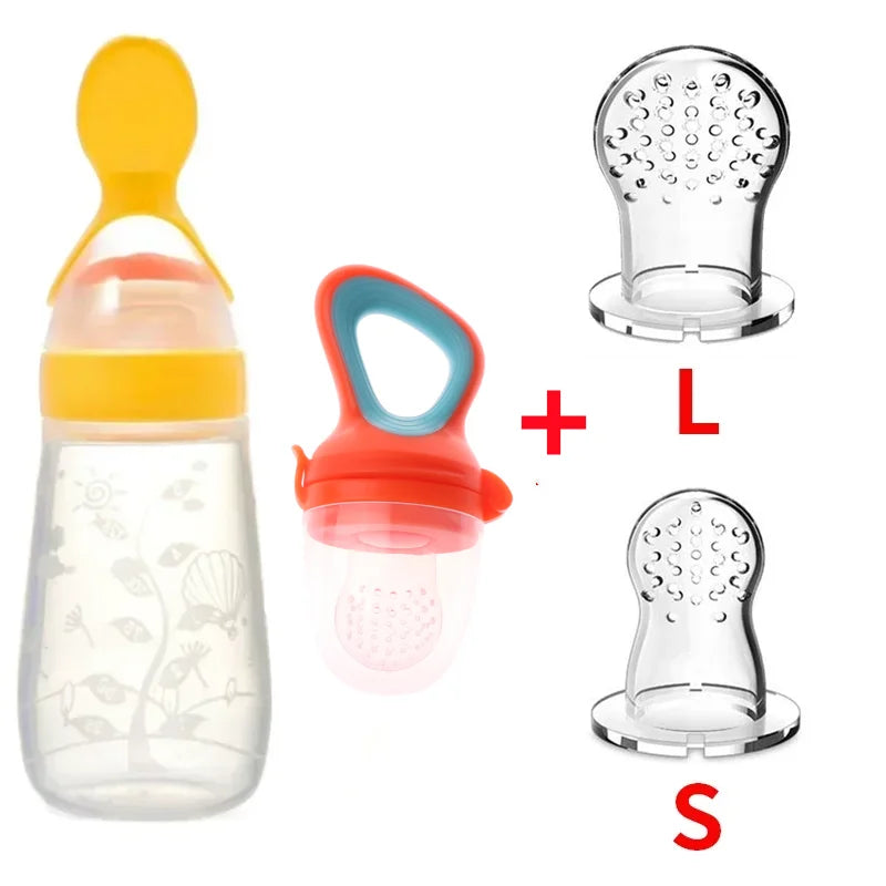 Safe Silicone Baby Feeding Spoon Bottle and Fruit Feeder Kit Yellow 4Pcs Set A