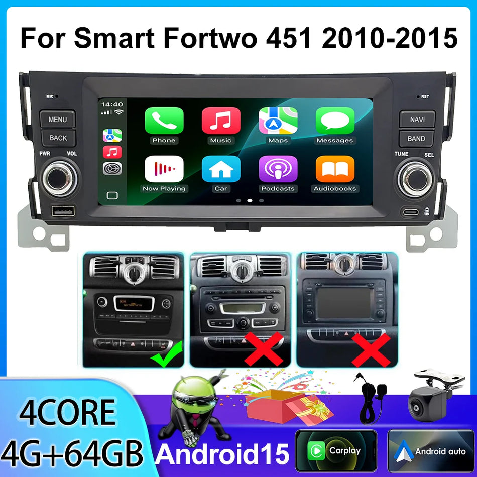 Radio samochodowe Android 15 z Apple Carplay do Smart Fortwo 451 2010-2015, odtwarzacz multimedialny z nawigacją GPS