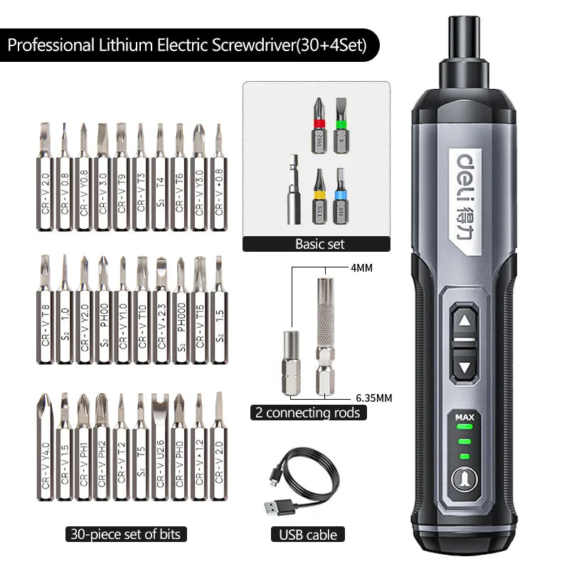Cordless Electric Screwdriver with 2000mAh Battery - Deli 4V Power Tool Set 34set Style 2