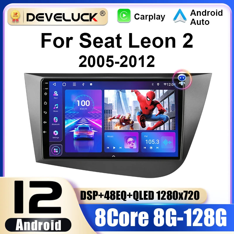 Autorádio Seat Leon 2 Android 12, 9 palců IPS Double Din s vestavěným GPS a 4G konektivitou