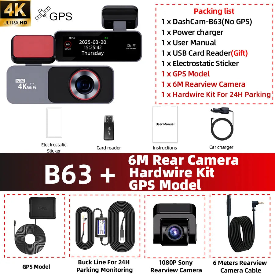 ACCEO B63 4K Dashcam &ndash; Dual Lens Night Vision GPS Parking B63-6M RC-GPS-KIT / None