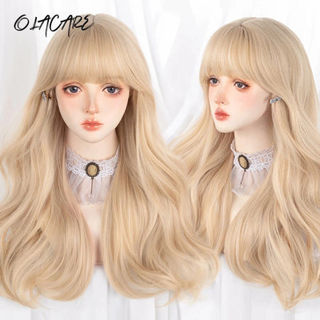 OLACARE Long Curly Wavy Pink Blonde Synthetic Wig with Fluffy Bangs