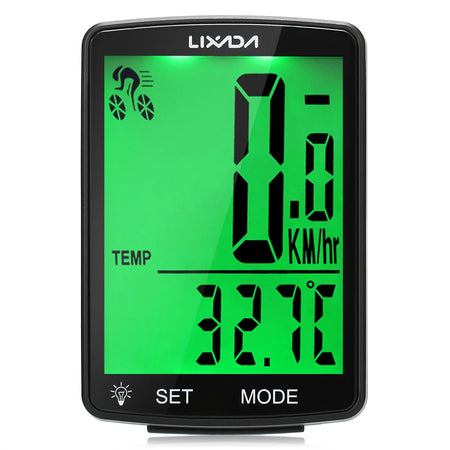 LIXADA Wireless Bike Computer LCD Screen &ndash; IPX6 Waterproof Black Green Backligh