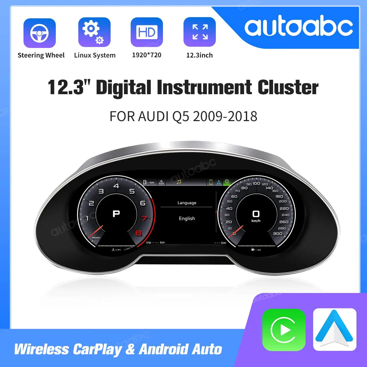 AUTOABC 10.25"LCD Digital Dashboard Cluster Wireless CarPlay Android Auto FOR Audi Q5 2009-2018year Support Steering wheel by InterCyprus Trading Ltd