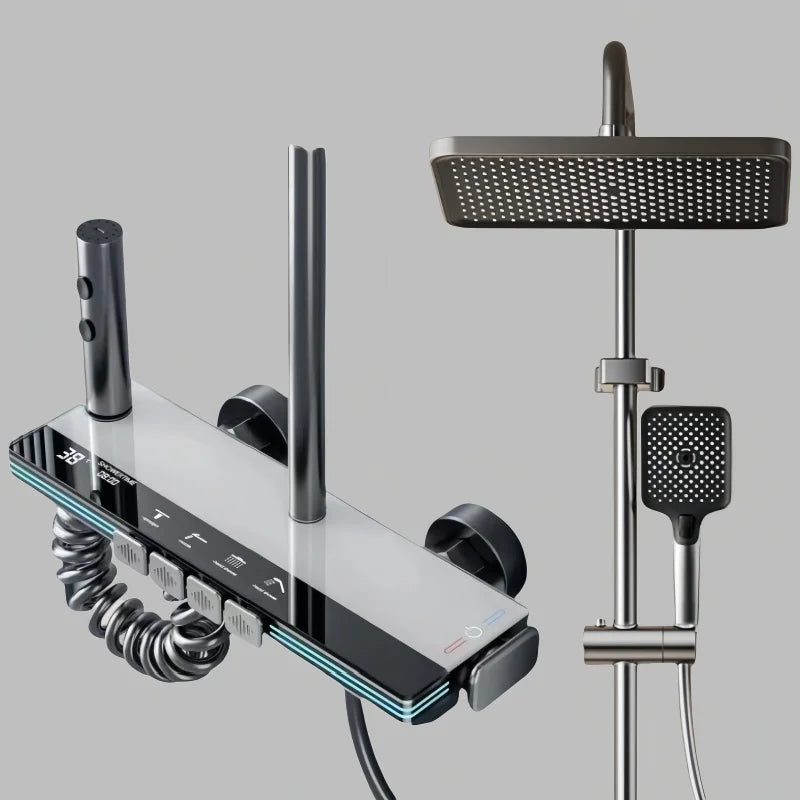 Shower System With Digital Temperature Display, 4-Function Wall-Mounted Rainfall, Brass Body With Chrome Finish