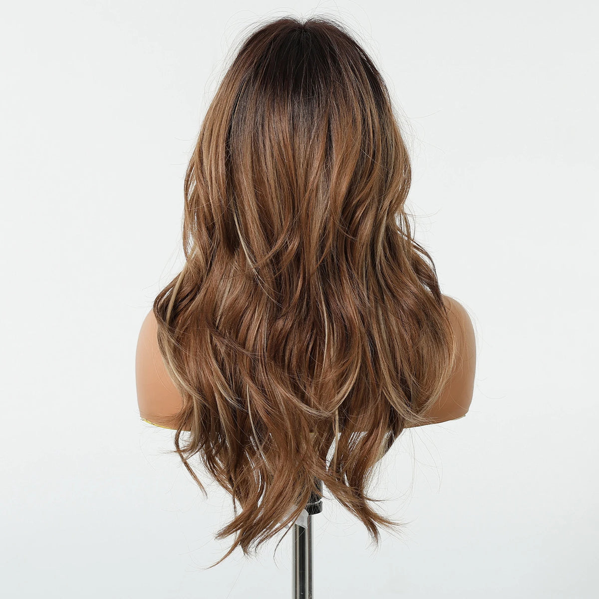Long Wavy Layered Synthetic Wig with Brown Highlights and Side Bangs
