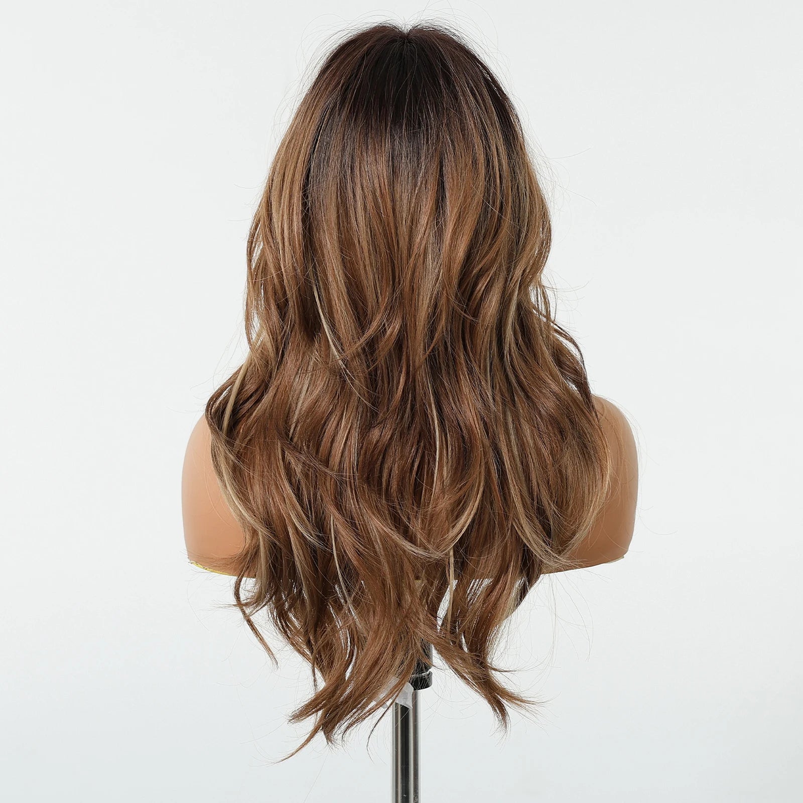 Long Wavy Layered Synthetic Wig with Brown Highlights and Side Bangs