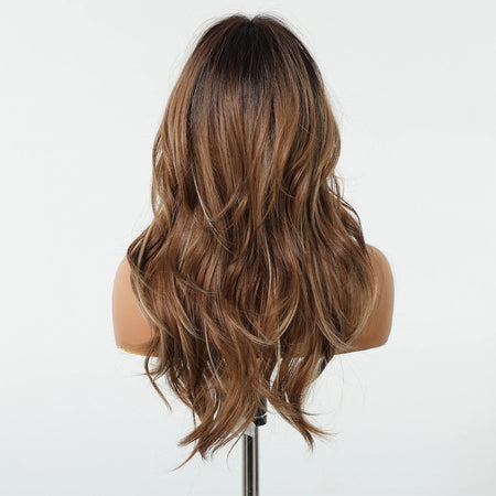 Long Wavy Layered Synthetic Wig with Brown Highlights and Side Bangs