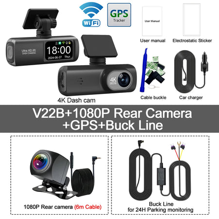 UHD 4K Dash Cam Dual Lens &ndash; Built-In WiFi and GPS for 24-Hour Parking Monitoring