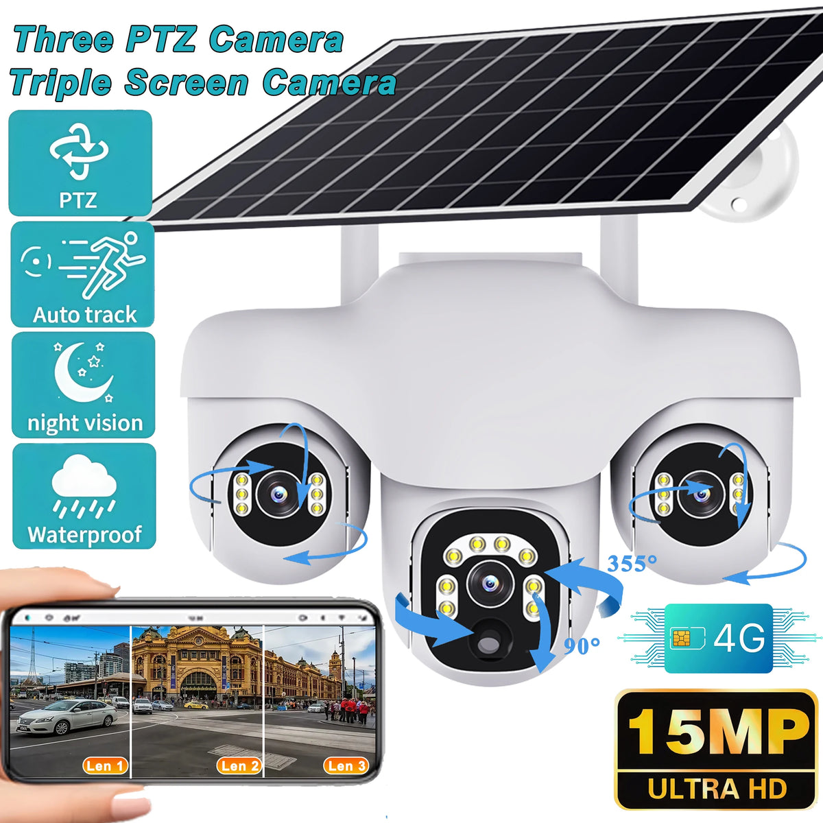 V380 Pro 4G Solar Camera 15MP Triple Lens Triple PTZ Camera Two-Way Audio Outdoor Built-in Battery Security CCTV HD IP Camera