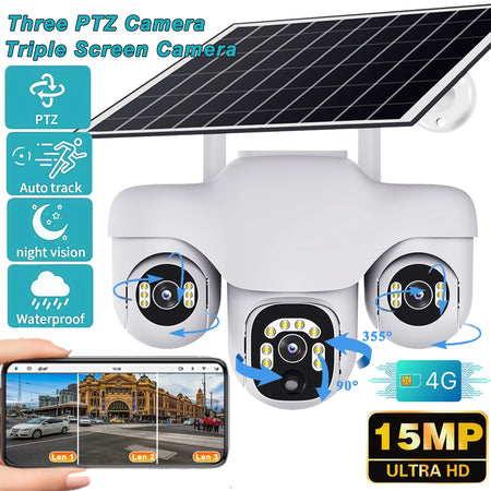 V380 Pro 4G Solar Camera 15MP Triple Lens Triple PTZ Camera Two-Way Audio Outdoor Built-in Battery Security CCTV HD IP Camera
