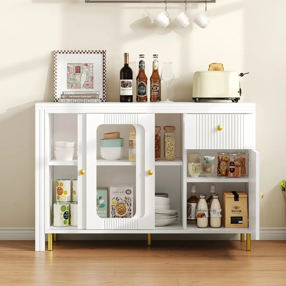 Hvid Buffet Skab Med Foldbart Bord Og Glasdøre