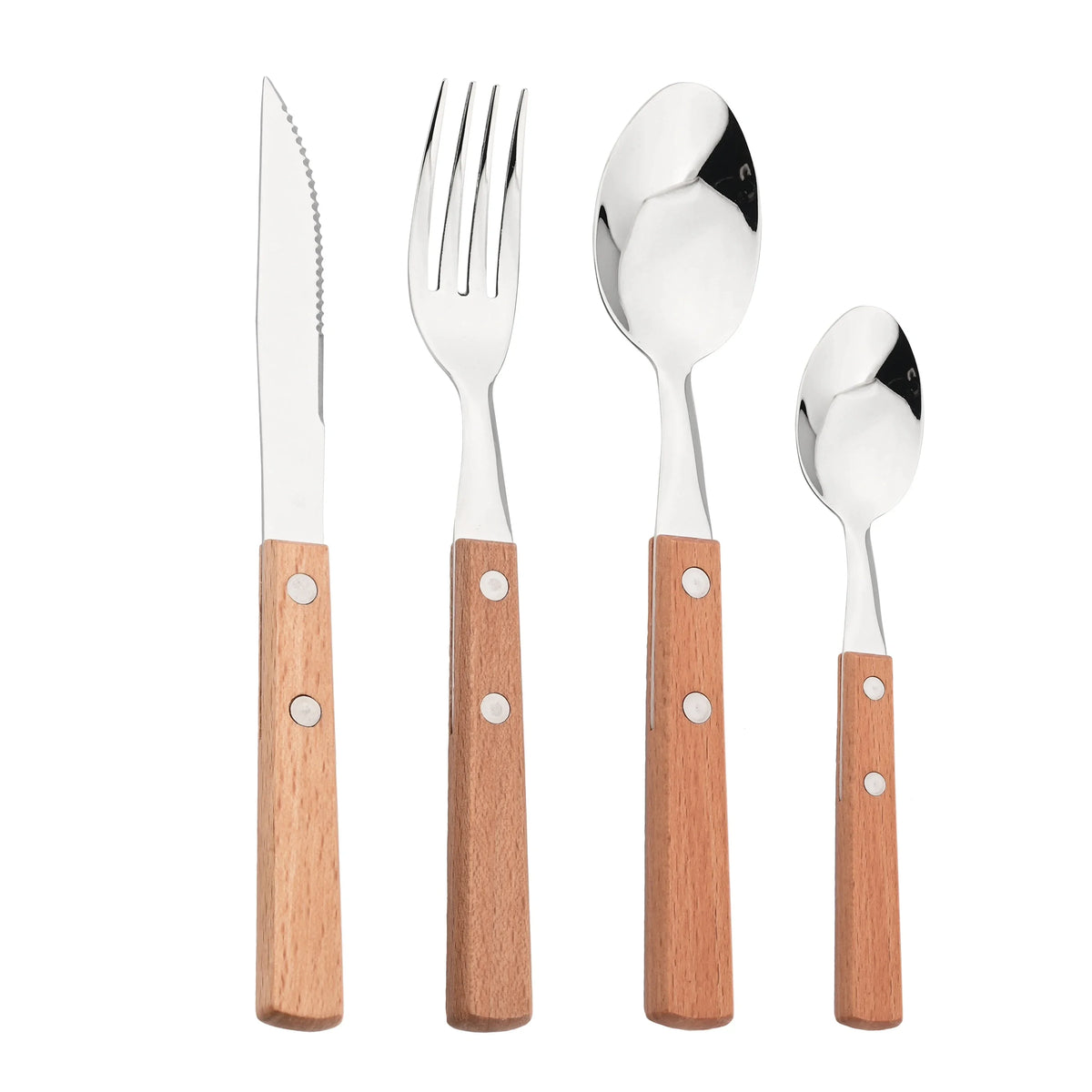 4Pcs Wooden Handle Cutlery Set &ndash; Eco-Friendly Stainless Steel Dinnerware Wooden