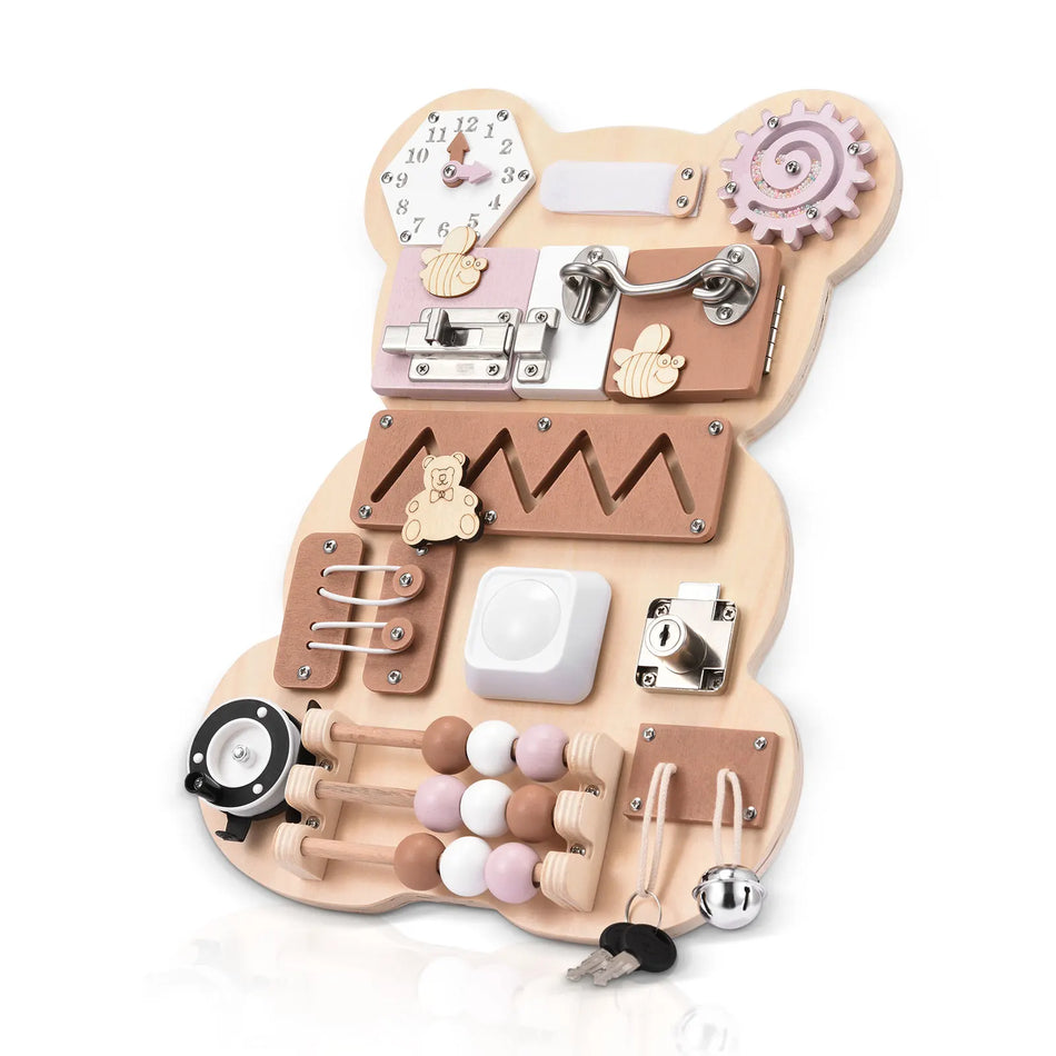 Dětská zaneprázdněná deska Medvěd 12v1 Dřevěná deska pro jemnou motoriku